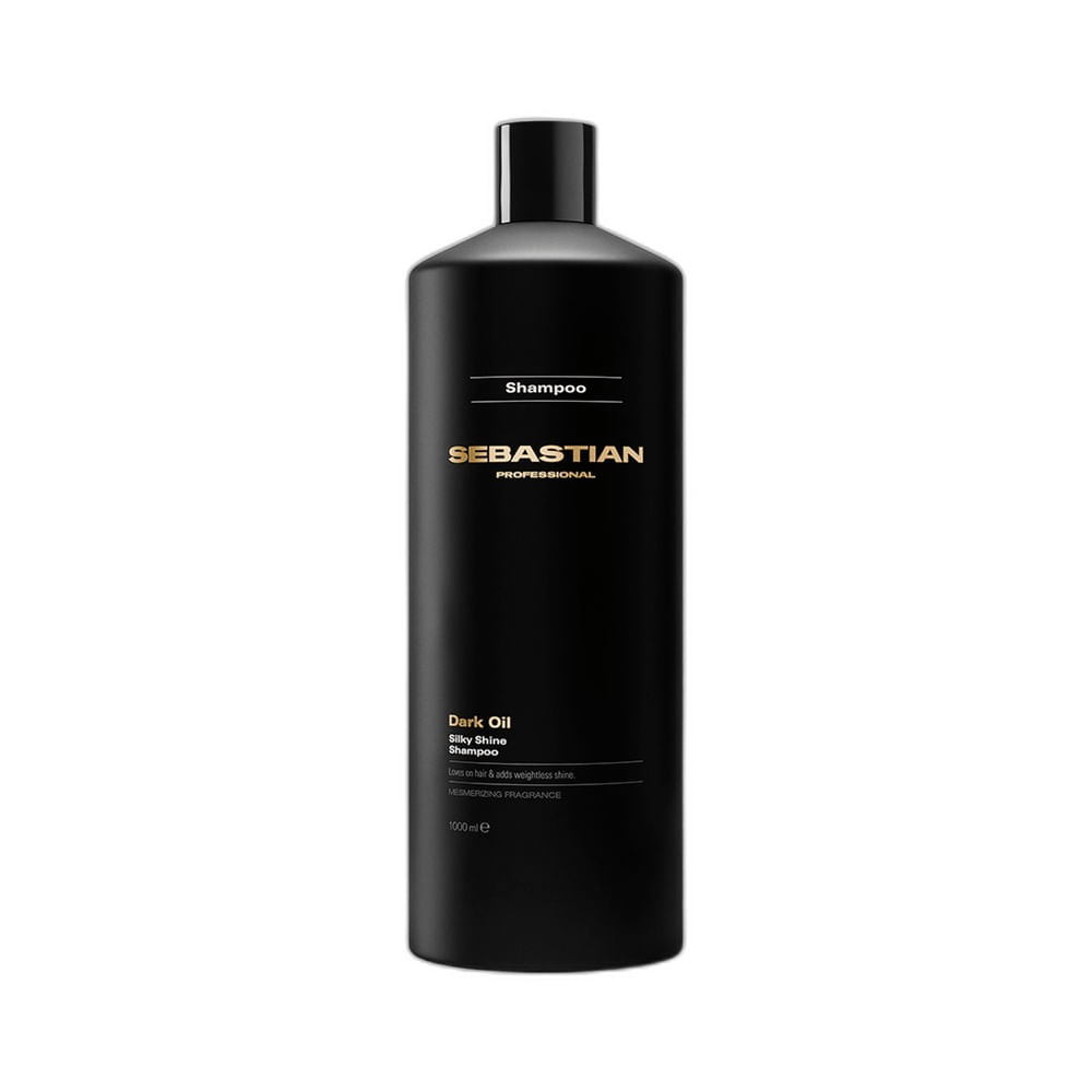 Frasco preto do Shampoo Sebastian Dark Oil 1L em destaque sobre fundo branco.